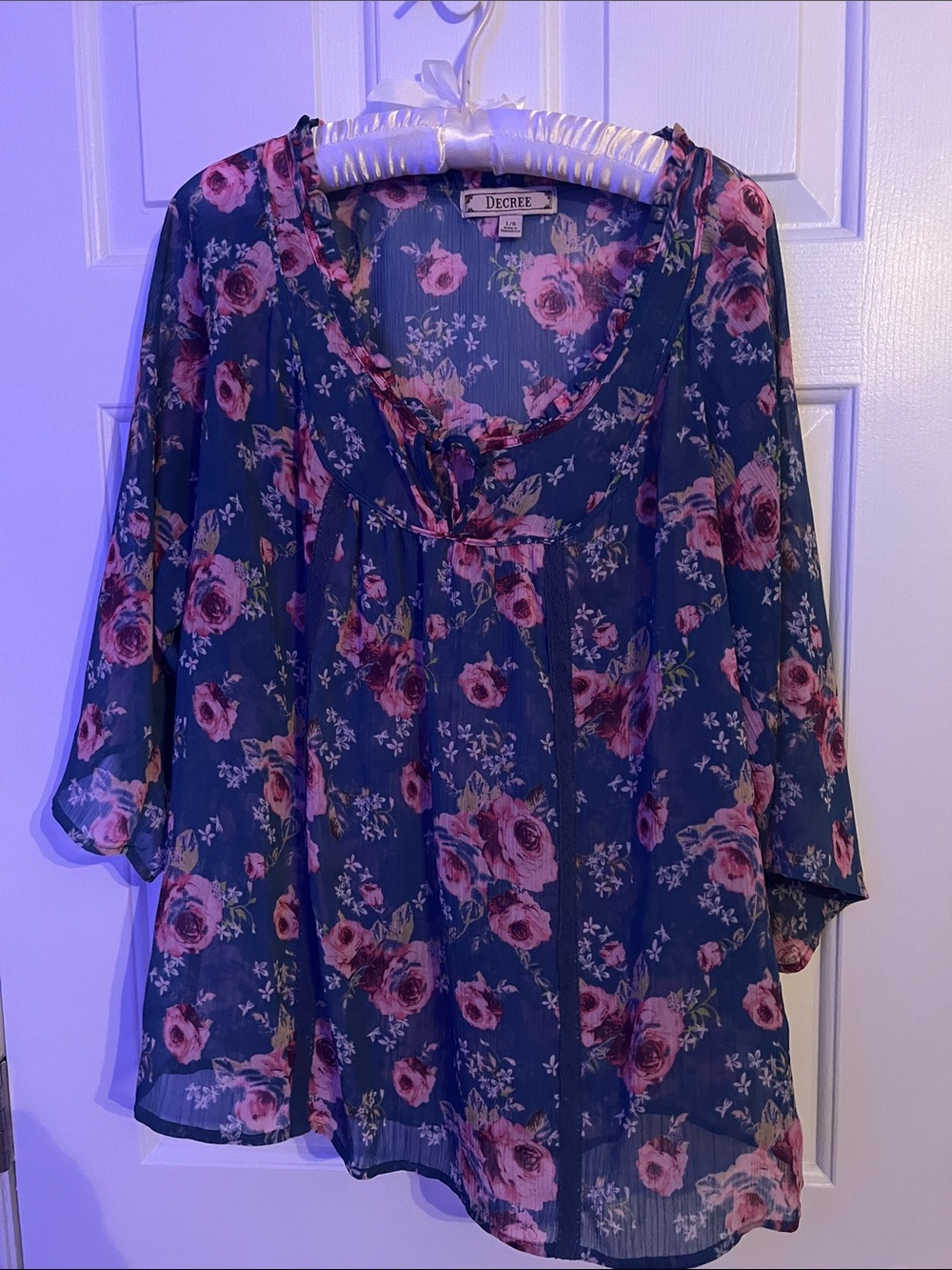 Decree Floral Navy Tie-Front Tunic with Pink Roses